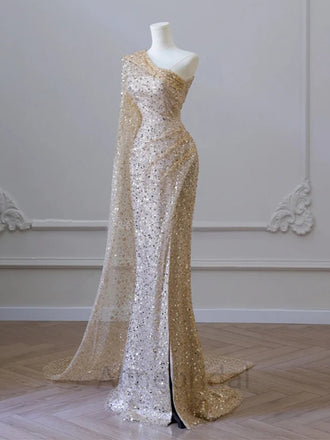 Sexy One Shoulder Champagne Sleeveless Side Slit Long Mermaid Prom Dress with Tulle, PD3686