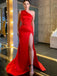 Red One Shoulder Sleeveless Side Slit Mermaid Long Prom Dress, PD3733