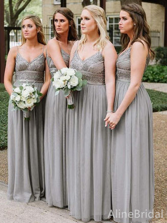 Elegant V-neck Spaghetti Strap A-line Long Bridesmaid Dress,PD3253