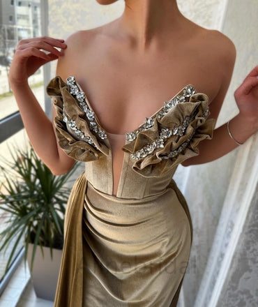 Sexy Champagne Gold V-neck Side Slit Mermaid Long Prom Dress with Ruffles, PD3730