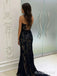 Elegant Black Strapless Side Slit Lace-Up Back Long Prom Dress, Lace Applique Evening Dress, PD3823004