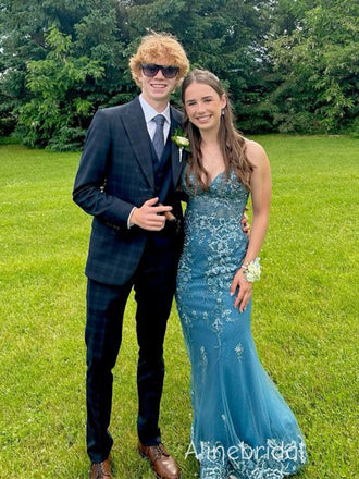 Elegant Blue V-neck Lace Applique Long Mermaid Tulle Prom Dress, Evening Dress, PD382290