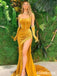 Stunning Shining Strapless Mustard Yellow Velvet Side Slit Mermaid Long Prom Dress, PD3117
