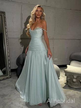 Flowy Blue Off the Shoulder A-line Long Chiffon Prom Dress, Evening Dress, PD3823009