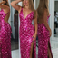 Sparkly V-Neck Backless Pink Glitter Prom Dress with High Slit – Sexy Evening Gown, Prom Dress,PD382262