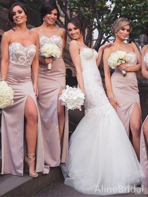 Elegant Sweatheart Strapless Split Side Mermaid Long Bridesmaid Dress,PD3282