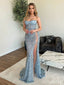 Sparkly Light Blue Strapless Split Side Mermaid Long Prom Dress,Evening Dress,PD37688