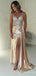 Sparkly Champagne V-neck Side Slit Long Prom Dress, Evening Dress, PD37698