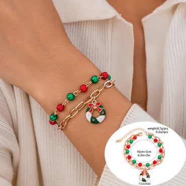 Christmas Festival Double-Layer Bracelet - Cute Wreath/Tree/Snowman/Bow Charms, Trendy Gold Chain & Beads Design for Holiday Look