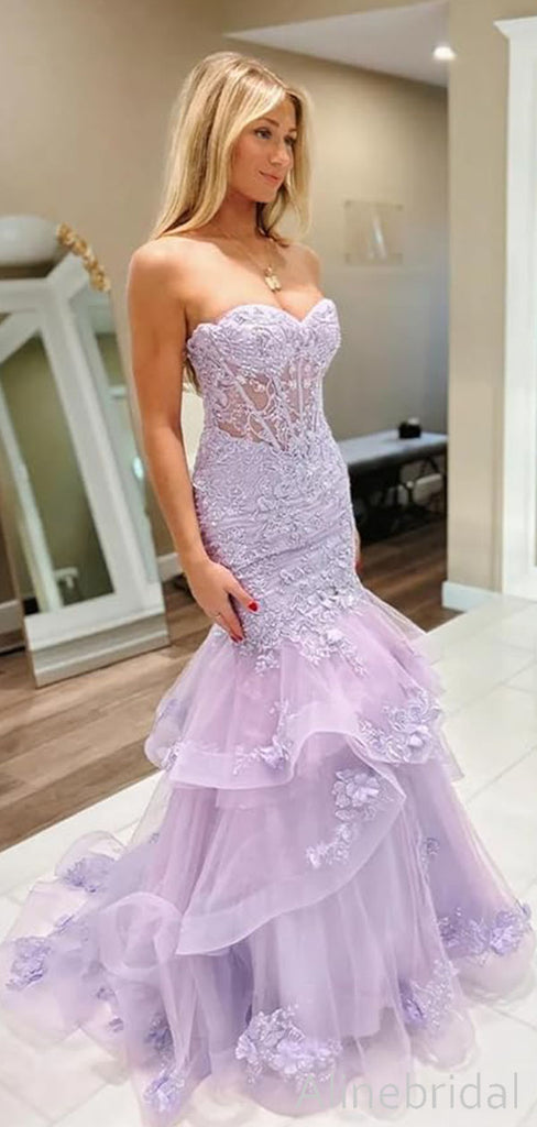 Elegant Purple Strapless Lace Applique Mermaid Prom Dress, Tiered Tulle Evening Dress, PD3822989