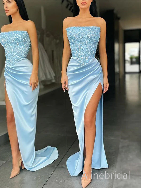 Sparkly Sequins Strapless Side Slit Blue Prom Dress, Evening Dress, PD3823012