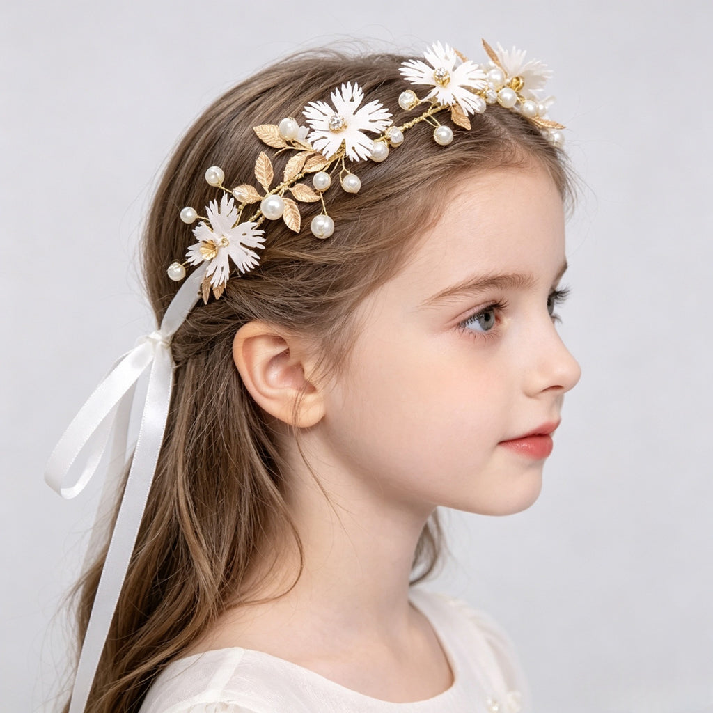 Girls White Flower & Pearl Floral Crown with Ribbon | Flower Girl Wedding Headpiece