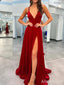 Simple Red V-neck Split Side Long Prom Dress,Evening Dress,PD37736