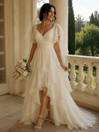 Elegant Ivory Chiffon Ruffles High Low A-line Tiered Wedding Dress, PD3822990