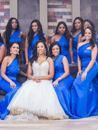 Sexy Blue One Shoulder Sleeveless High Quality Mermaid Long Bridesmaid Dress, PD3143