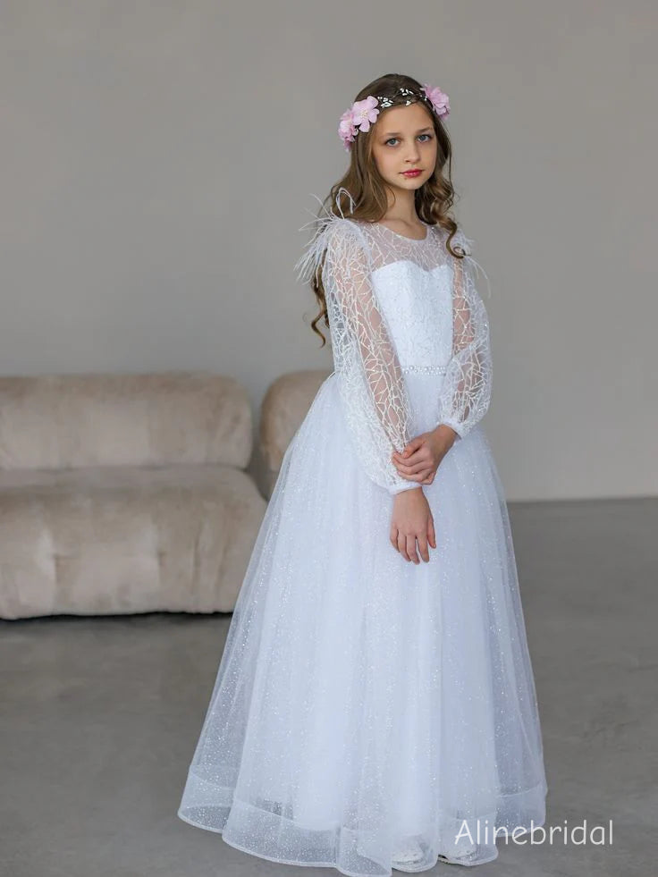 Elegant Ivory Long Sleeve A-line Long Tulle Flower Girl Dress, FGS191