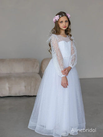 Elegant Ivory Long Sleeve A-line Long Tulle Flower Girl Dress, FGS191