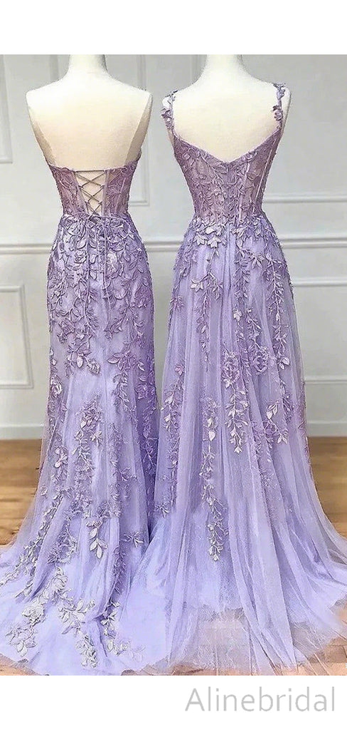 Elegant Purple A-line Lace Applique Long Tulle Mermiad Prom Dress, Evening Dress, PD3822987