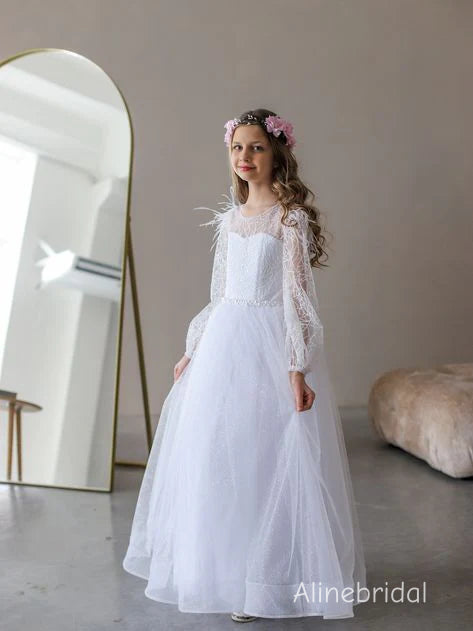 Elegant Ivory Long Sleeve A-line Long Tulle Flower Girl Dress, FGS191