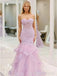Elegant Purple Strapless Lace Applique Mermaid Prom Dress, Tiered Tulle Evening Dress, PD3822989