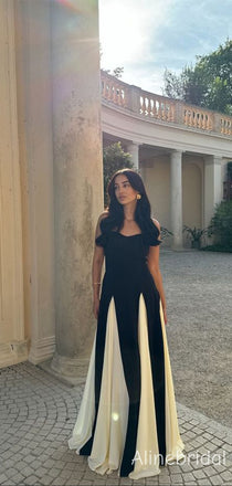 Elegant Spaghetti Straps Black& White Solid  Patchwork A-line Maxi Prom Dress， Formal Dress, PD382244
