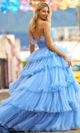 Blue Elegant Strapless Sleeveless A-line Long Prom Dress, PD3625