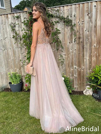 Sexy V-neck Spaghetti Strap A-line Long Prom Dress,Evening Dress,PD37780
