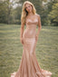 Elegant Blush Champagne Satin Pleated Mermaid Prom Dress – Sequins Evening Dress, PD382031