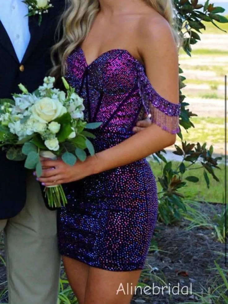Sparkly Purple Rhinestones Off the Shoulder Short Homeocming Dress with Fringe, HC382287