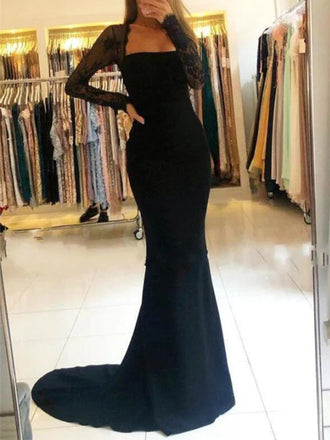 Sexy Black Long Sleeves Long Mermaid Prom Dress with Sheer Back, Evening Dress, PD37852