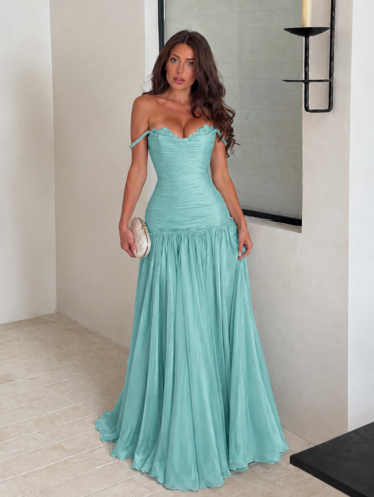 Elegant Blue Beaded Off Shoulder A-line Long Prom Dress, Evening Dress, PD3823009