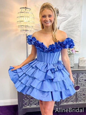 Elegant Blue V-neck Off-Shoulder A-line Short Mini Homecoming Dress with Tiered Ruffles, HD32677