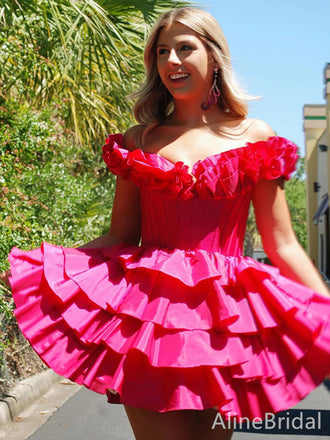 Gorgeous Pink V-neck Off-Shoulder A-line Short Tiered Ruffles Homecoming Dress, HD32678