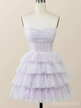 Elegant Purple Strapless A-line Short Mini Layered Tulle Homecoming Dress, HD32680