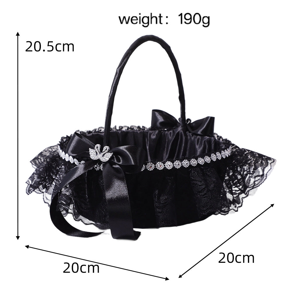 Gothic Black Lace Rhinestone Flower Girl Basket with Satin Bows