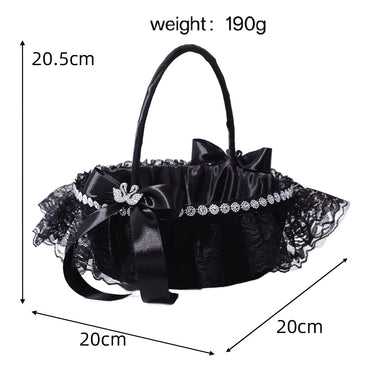 Gothic Black Lace Rhinestone Flower Girl Basket with Satin Bows