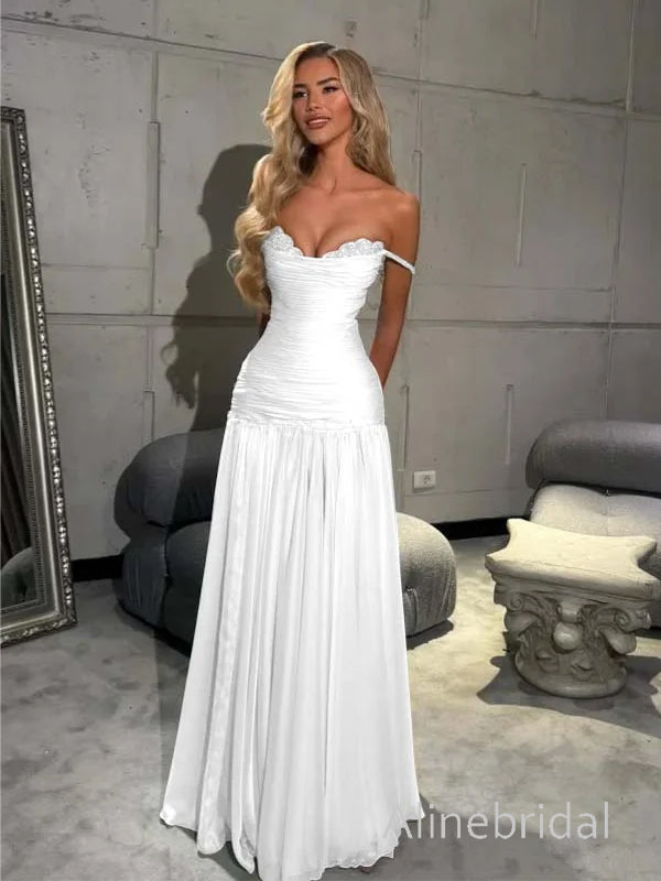 Flowy Blue Off the Shoulder A-line Long Chiffon Prom Dress, Evening Dress, PD3823009