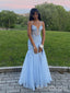 Elegant Blue V-neck Lace Applique Long Prom Dress with Tulle Skirt, Evening Dress, PD3822983
