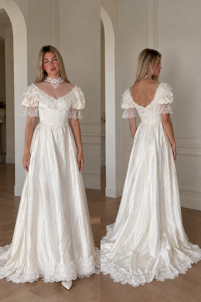 Elegant Off Shoulder A-line Lace Wedding Dress with Puff Sleeves, WD32244