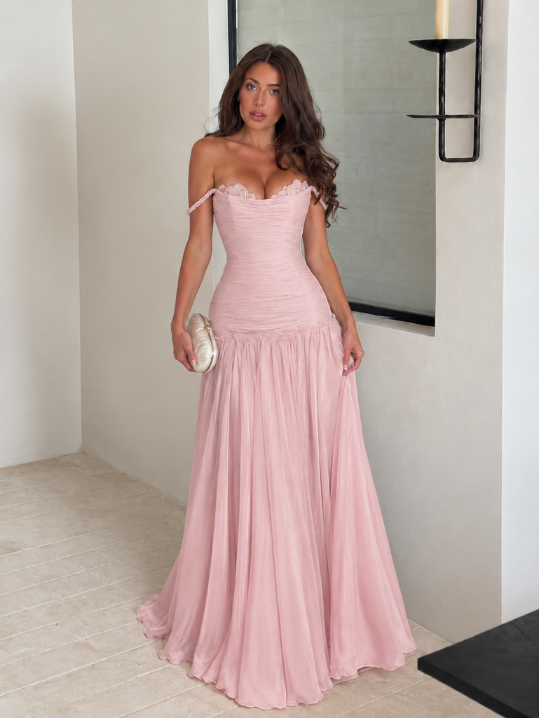 Elegant Blue Beaded Off Shoulder A-line Long Prom Dress, Evening Dress, PD3823009