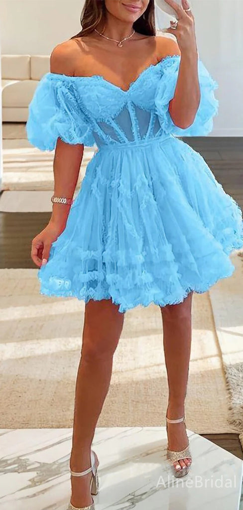 Elegant V-neck Lace A-line Short Mini Homecoming Dress, HD32686