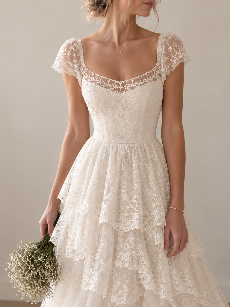 Elegant Floral Lace A-line Chiffon Wedding Dress with Cap Sleeves, WD3226