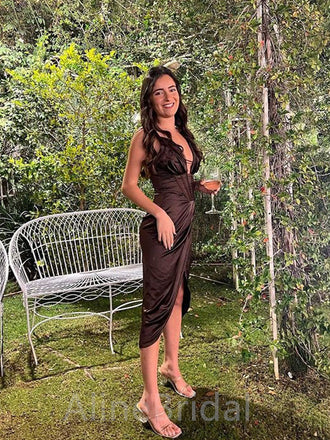 Sexy Chocolate V-neck Spaghetti Strap Mermaid Prom Dress with Slit, PD37637