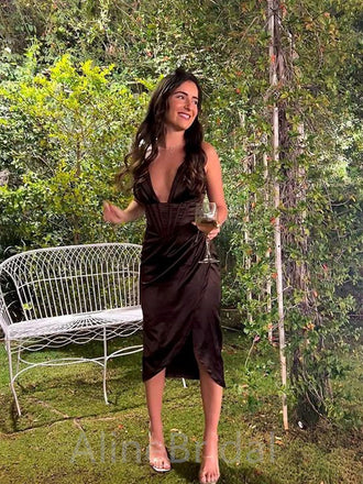 Sexy Chocolate V-neck Spaghetti Strap Mermaid Prom Dress with Slit, PD37637