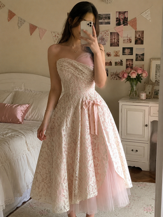 Vintage Pink Lace Strapless A-line Prom Dress, Evening Dress, BD0075