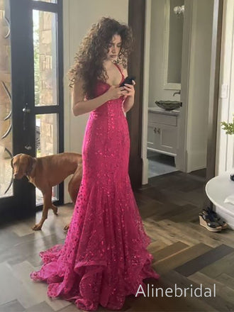 Stunning V-neck Sequins Ruffle Pink Tulle Mermaid Prom Dress, Evening Dress, PD3823014