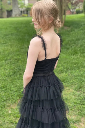 Black V-neck Sleeveless Ruffle A-line Layered Tulle Prom Dress, PD3717