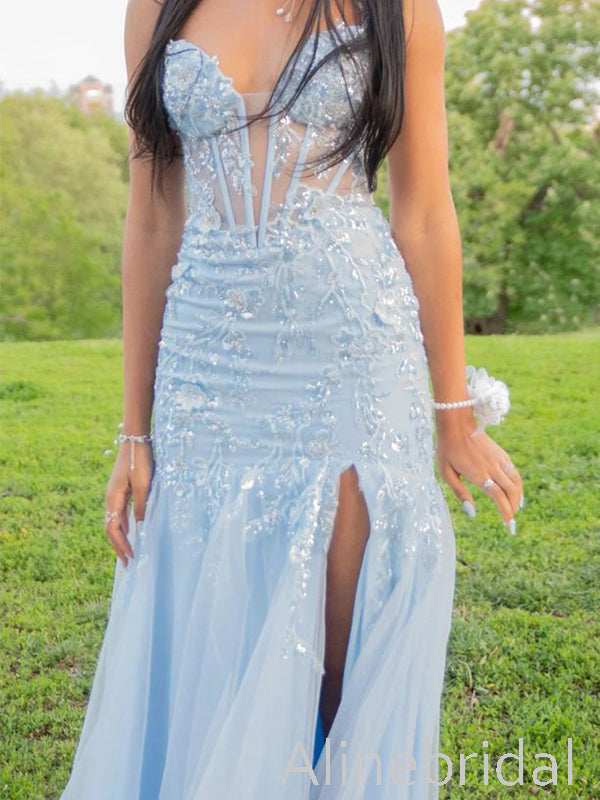 Elegant Blue V-neck Lace Applique Long Prom Dress with Tulle Skirt, Evening Dress, PD3822983