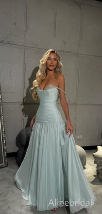 Flowy Blue Off the Shoulder A-line Long Chiffon Prom Dress, Evening Dress, PD3823009
