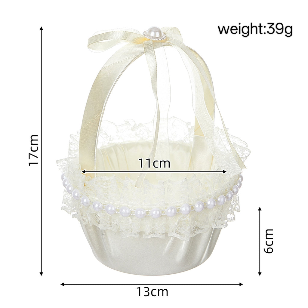 vory Lace & Pearl-Embellished Flower Girl Basket with Satin Bow Handle